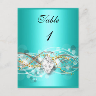Tafel Nummerkaart Teal Blauw Goud Diamant Juwel Briefkaart
