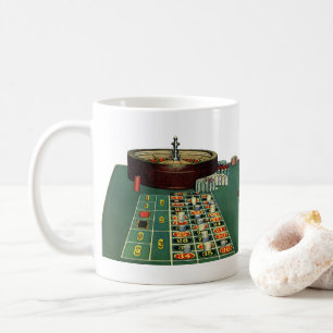 Tafel voor vintage roulette casino spel, gokchips koffiemok