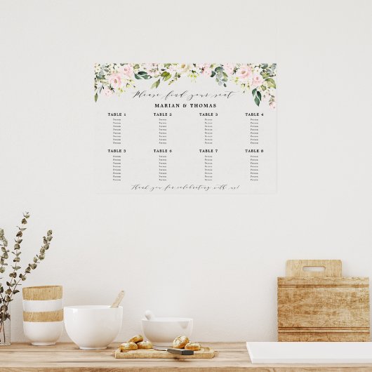 Tafelkaart met roze bloemen en eucalyptus voor de poster (Keuken)