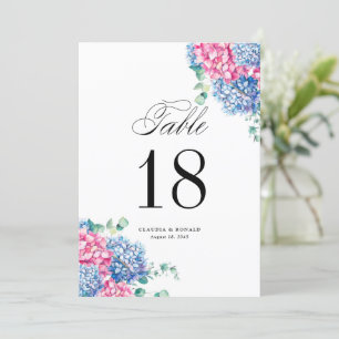 Tafelkaartjes met waterverf roze en blauwe hortens