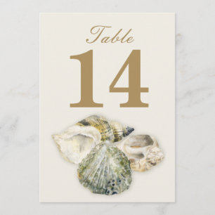 Tafelkaartjes voor een huwelijksfeest in schelpen kaart