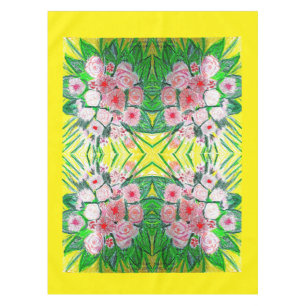 Tafelkleed groen, roze, geel.