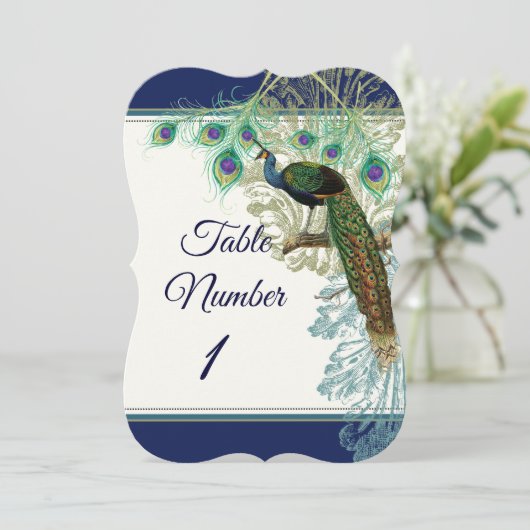 Tafelnummer Bruiloft Peacock Feather Navy (Staand voorkant)