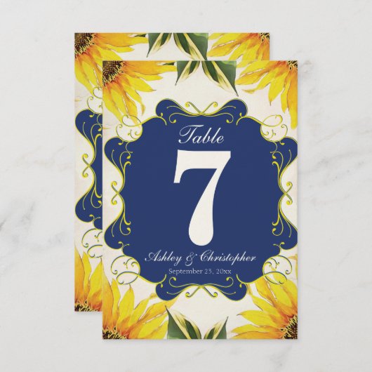 Tafelnummer bruiloftsreceptie zonnebloem en blauw (Voorkant / Achterkant)