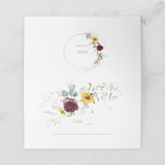 Tafelnummer met burgundische zonnebloemen en lucht (Buitenkant ongevouwen)