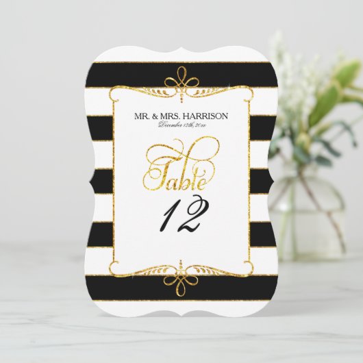 Tafelnummer naamkaartjes gestreept script goud gli (Staand voorkant)