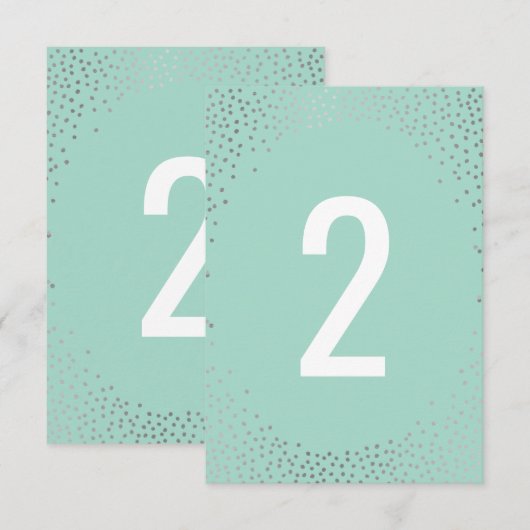 TAFELNUMMER rustieke mini confetti zilver mint (Voorkant / Achterkant)