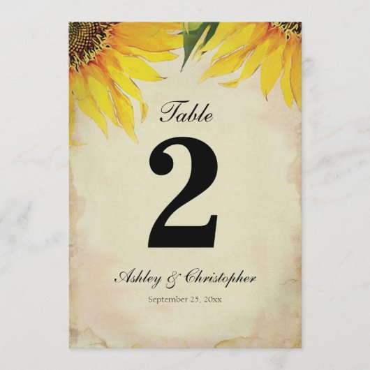 Tafelnummer twee, bruiloftsreceptie zonnebloem. (Voorkant)