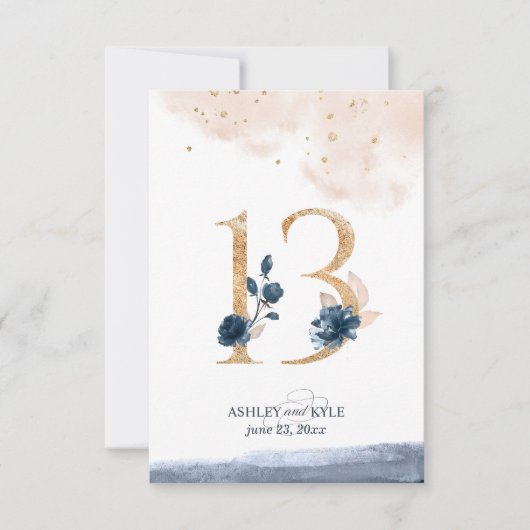Tafelnummer voor een bruiloft in navy, blush en go (Voorkant)