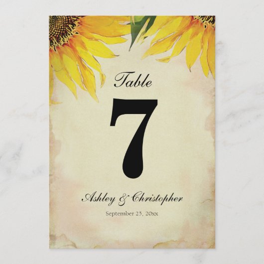 Tafelnummer voor een rustieke zonnebloem bruilofts (Voorkant)
