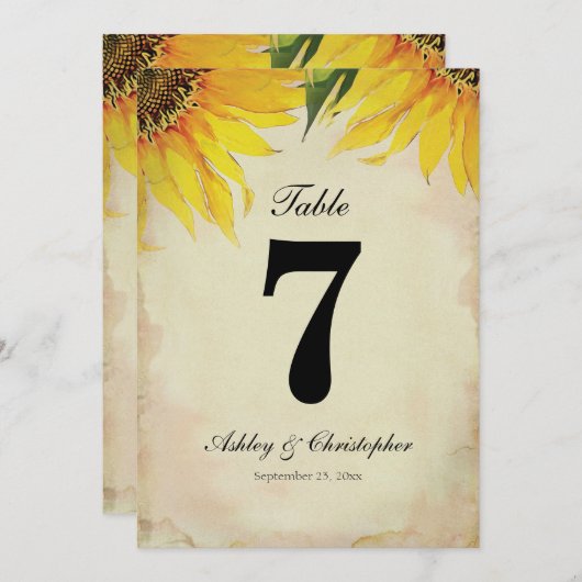 Tafelnummer voor een rustieke zonnebloem-huwelijks (Voorkant / Achterkant)