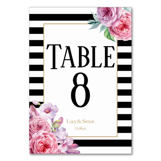Tafelnummer voor roze rozen en strepen bruiloft (Voorkant)