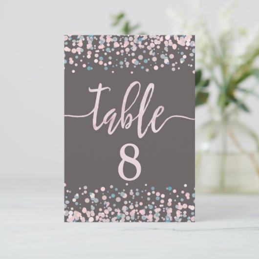Tafelnummer zitplaatsenkaart Blush Roze Confetti (Staand voorkant)