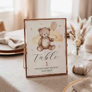 Tafelnummerbordje voor babyfeest met waterverfbeer kaart