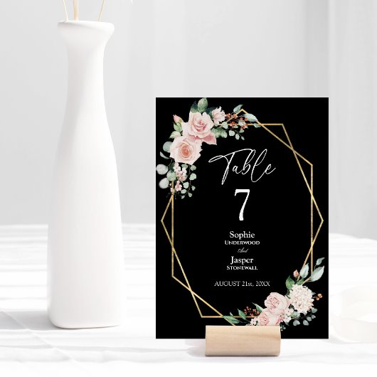 Tafelnummerkaart met bloemmotief en zwarte bruilof kaart