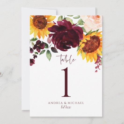 Tafelnummers Zonnebloem Rozen Burgundy Red Weddens (Voorkant)