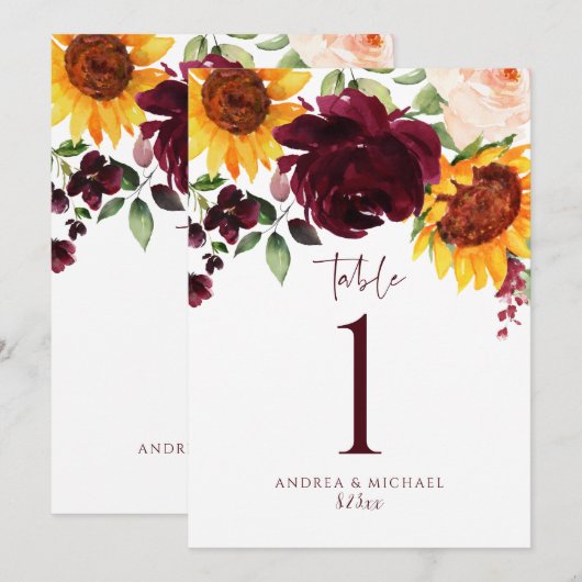 Tafelnummers Zonnebloem Rozen Burgundy Red Weddens (Voorkant / Achterkant)