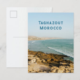 Taghazout-baai en surfers, Marokkaanse reisfoto Briefkaart