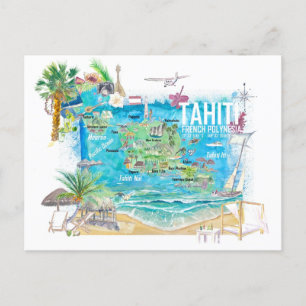 Tahiti Illustreerde reiskaart met wegen Briefkaart