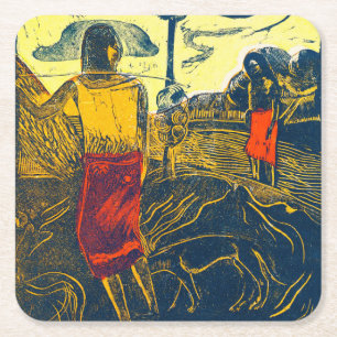 Tahitiaanse vrouwen en hond, Gauguin Vierkante Kartonnen Onderzetter