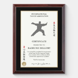 Tai Chi-instructeurscertificaat Troffee Gedenkplaat