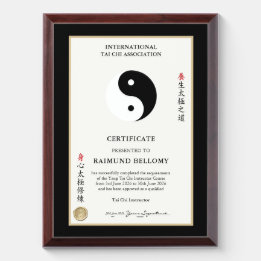 Tai Chi-instructeurscertificaat Troffee Gedenkplaat