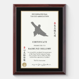 Tai Chi-instructeurscertificaat Troffee Gedenkplaat