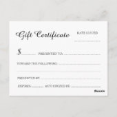 Taille de carte postale du certificat cadeau (Dos)