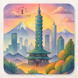 Taipei City Taiwan Skyline Watercolor Vierkante Kartonnen Onderzetter