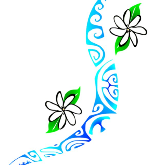 TAITIARE (blauw) Kussen (Fleurs de Tiaré avec motifs polynésiens "marquisiens". )