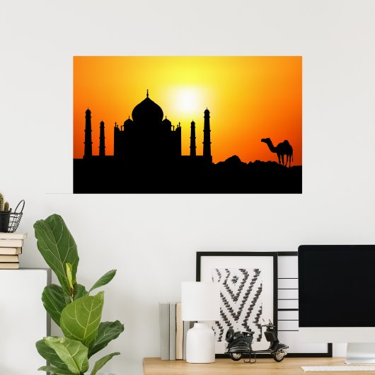 Taj Mahal & Camel op zonnige achtergrond Poster (Thuiskantoor)