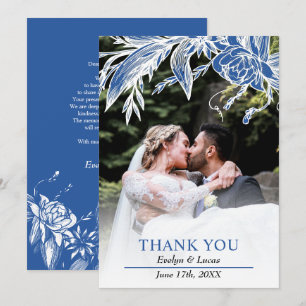 Tak met blauwe en witte bloemen trouwfoto bedankkaart