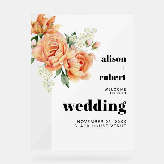 Tak met perzik rozen bruiloft WELKOM Acryl Bord (Voorkant)