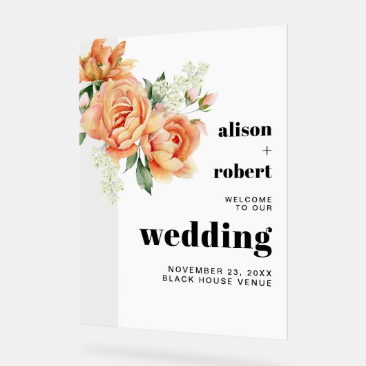 Tak met perzik rozen bruiloft WELKOM Acryl Bord (Hoek)