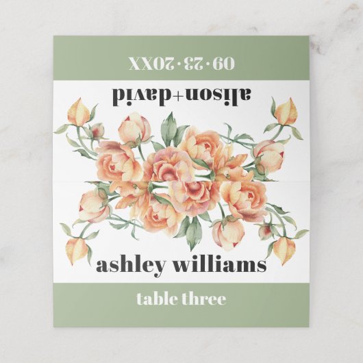 Tak met perzik rozen salie groene bloemenbruiloft (Buitenkant ongevouwen)