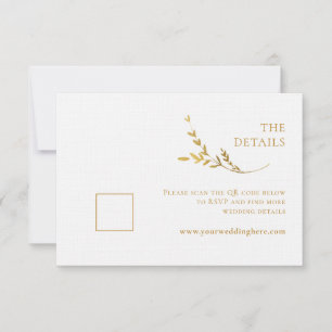 Tak minimalistische witte en gouden bruiloft behui RSVP kaartje