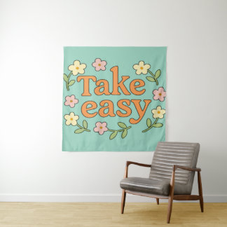 "Take Easy": Positive Retro Floral Illustration Wandkleed