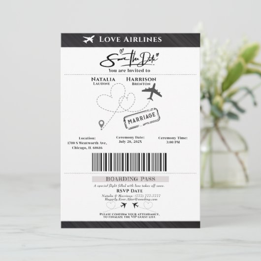 Take Flight with Love: Boarding Pass Save the Date Kaart (Staand voorkant)