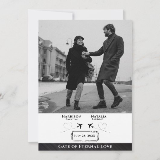 Take Flight with Love: Boarding Pass Save the Date Kaart (Achterkant)