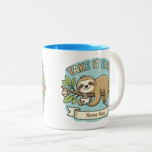 Take It Easy Sloth Custom Name  Tweekleurige Koffiemok (Voorkant rechts)