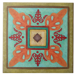 Talavera 15 Olijf Aqua Oranje Mediterraan Bloemmot Tegeltje