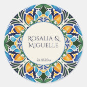 Talavera azulejo blauw  Mexicaans monogram Ronde Sticker (Voorkant)
