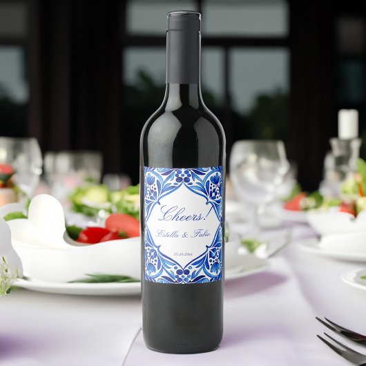 Talavera Azulejo blauw tegel bruiloft Wijn Etiket