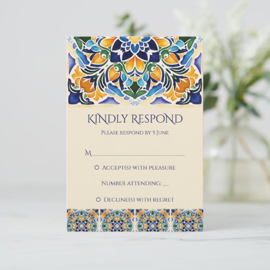 Talavera azulejo blauwe tegel bruiloft RSVP kaartje (Staand voorkant)