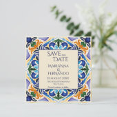 Talavera azulejo blauwe tegel  bruiloft save the date (Staand voorkant)