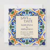 Talavera azulejo blauwe tegel  bruiloft save the date (Voorkant)