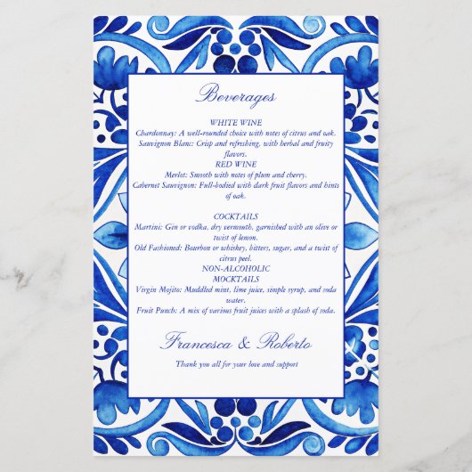  Talavera Azulejo Mediterraan blauw menu (Achterkant)