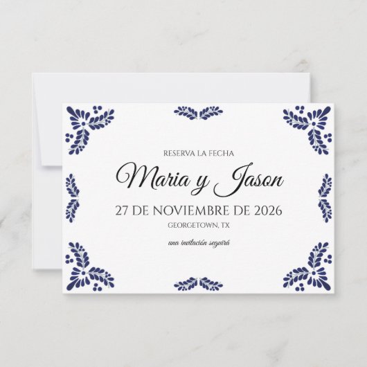 Talavera Black Floral Minimalist Spanish Wedding Save The Date (Voorkant)