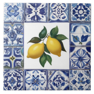 Talavera citroenen - Blauw en Wit Mediterraan Tegeltje