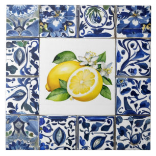 Talavera citroenen donkerblauw en wit mediterraan tegeltje